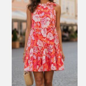 Vince Camuto Coral Pink Floral Tiered Halter Dress Size 14